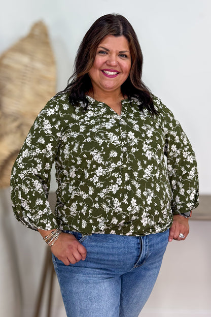 Olive Floral Button Lizzy Blouse

