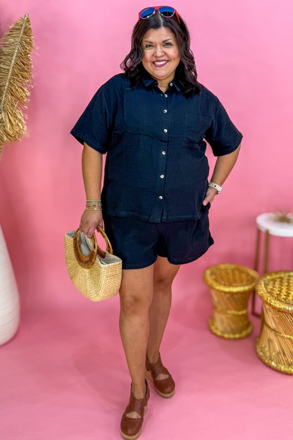Black Cotton Button Up & Shorts Set styled
