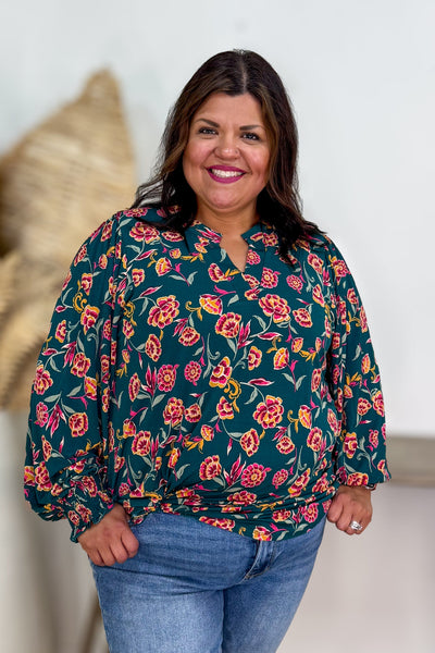 Jewel Green Floral Smocked Sleeve Lizzy Blouse