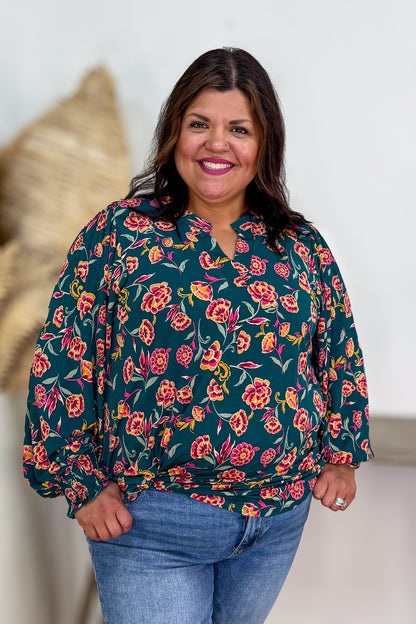 Jewel Green Floral Smocked Sleeve Lizzy Blouse