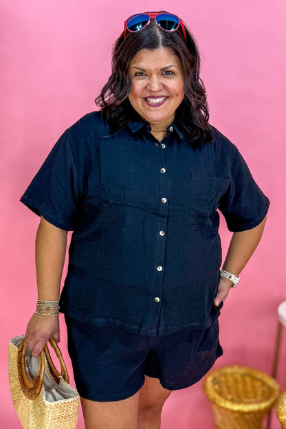 Black Cotton Button Up & Shorts Set