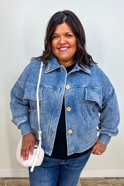 Dusty Blue Fleece Cropped Shacket