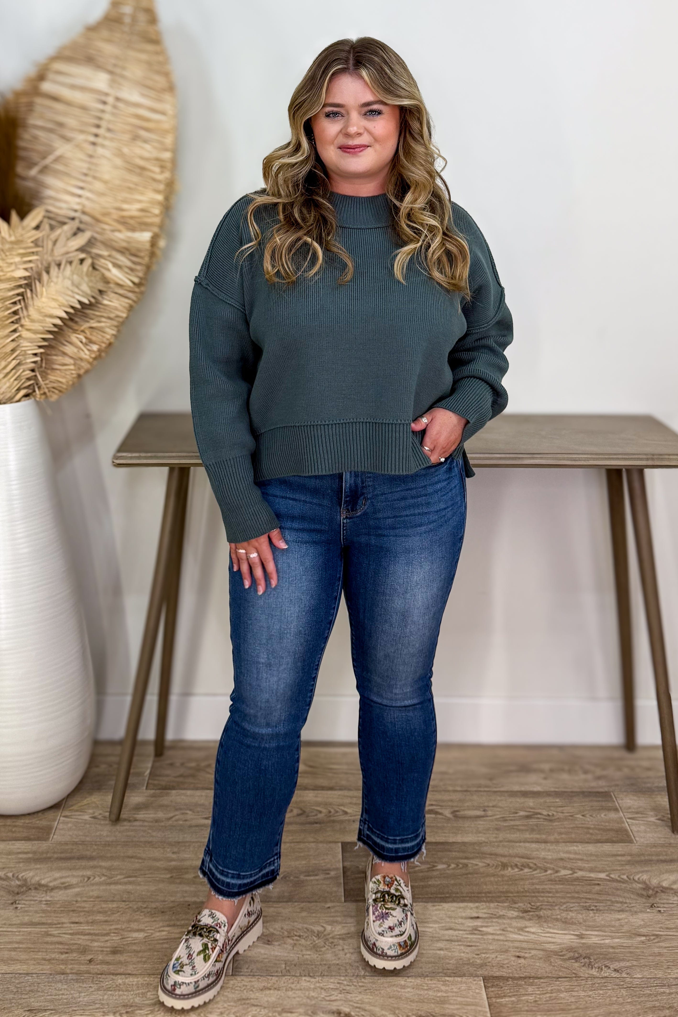 Jade Drop Shoulder Sweater styled