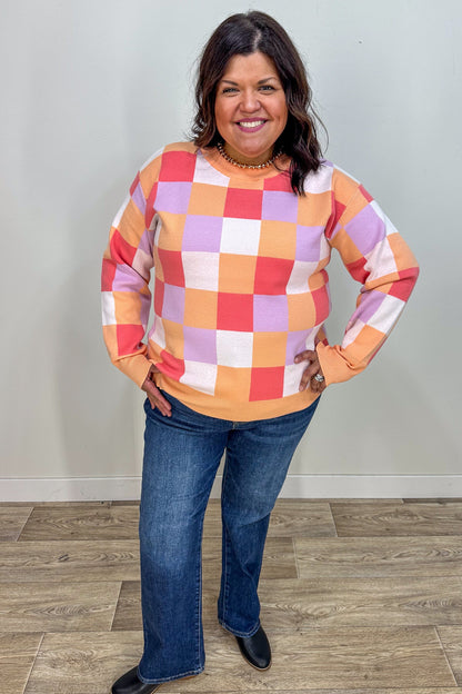 Coral Checkerboard Sweater styled