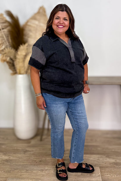 Ash French Terry Stripe Collar Top styled