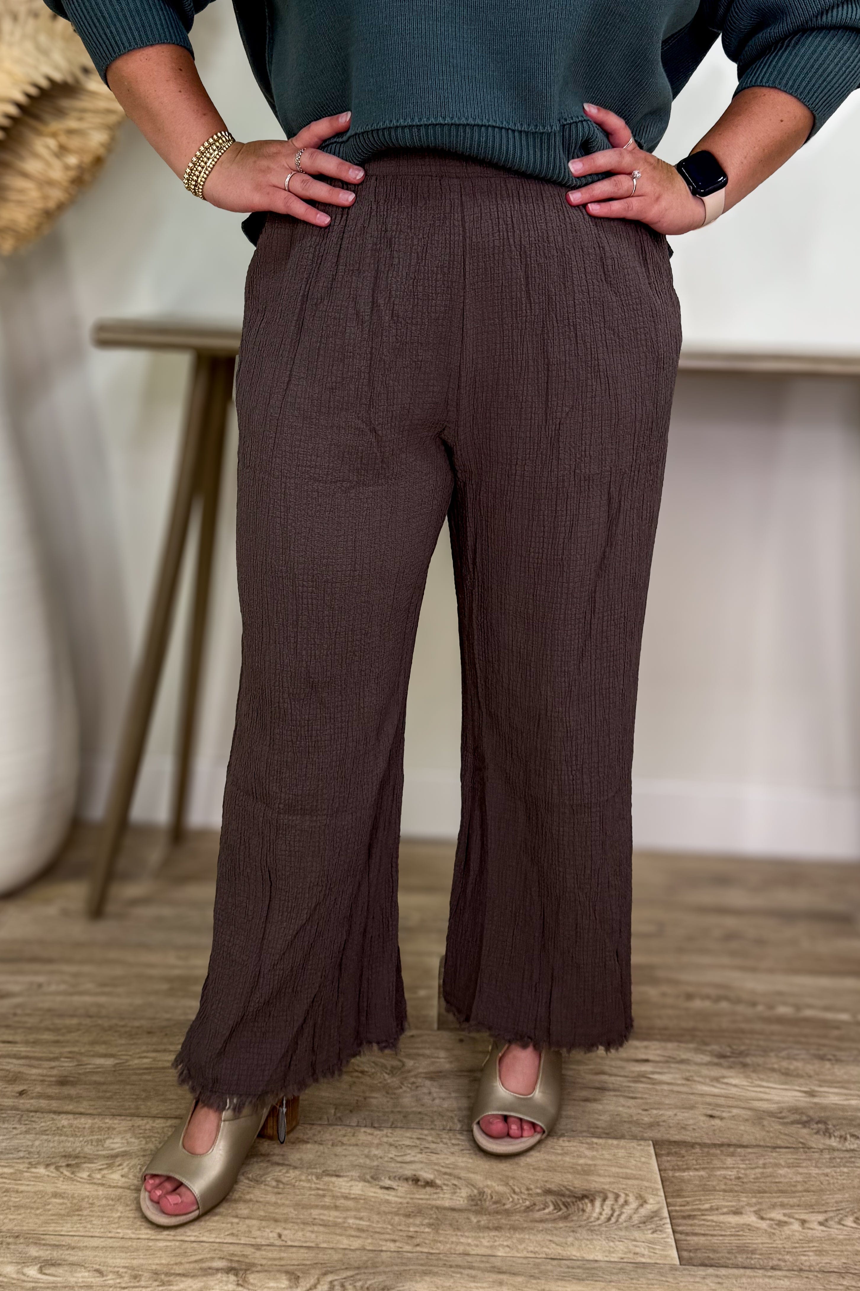 Brown Seersucker Fringe Detail Pants