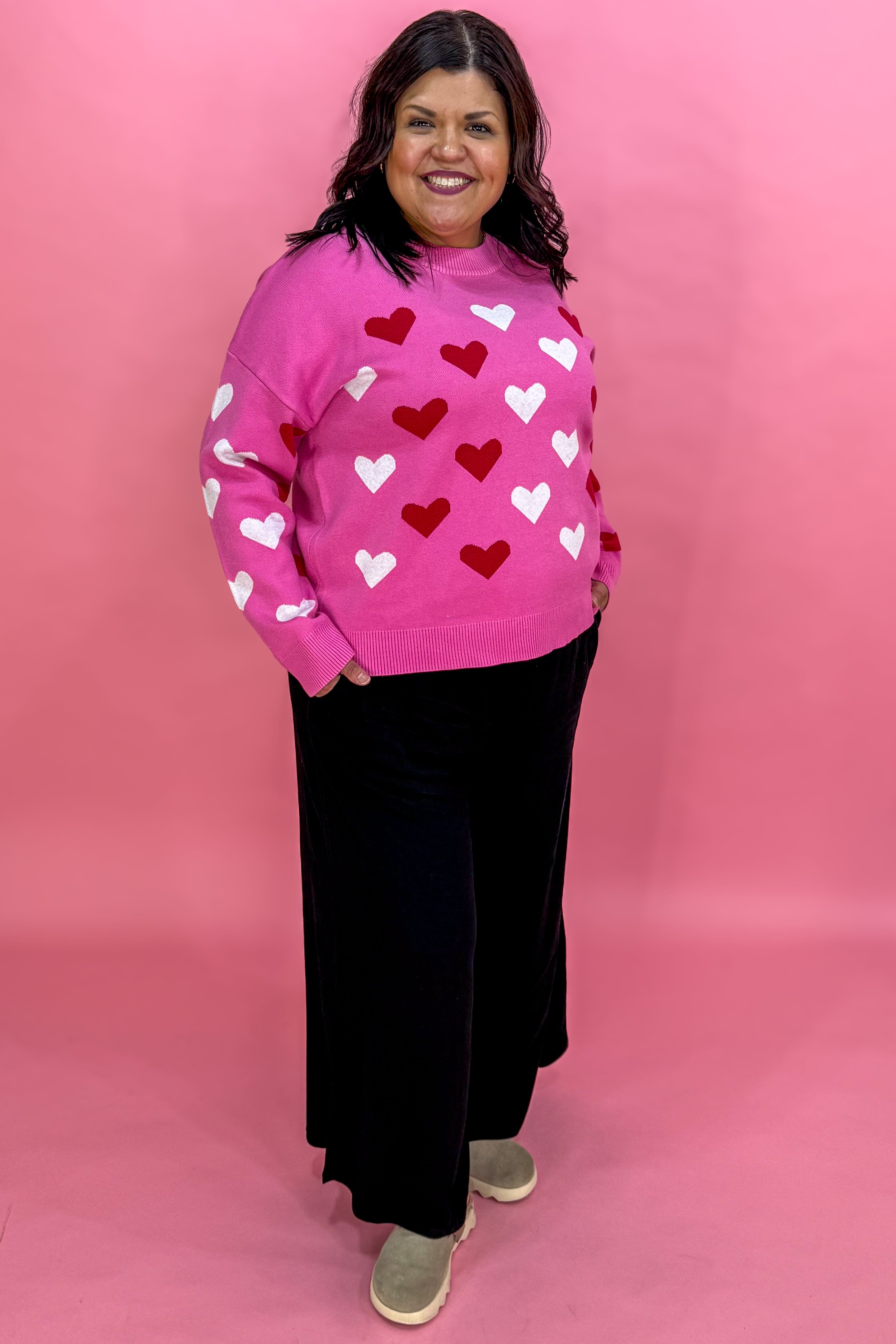 Hot Pink Hearts Crew Neck Sweater styled