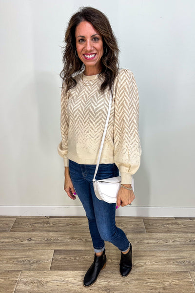 Taupe & Gold Chevron Sweater styled