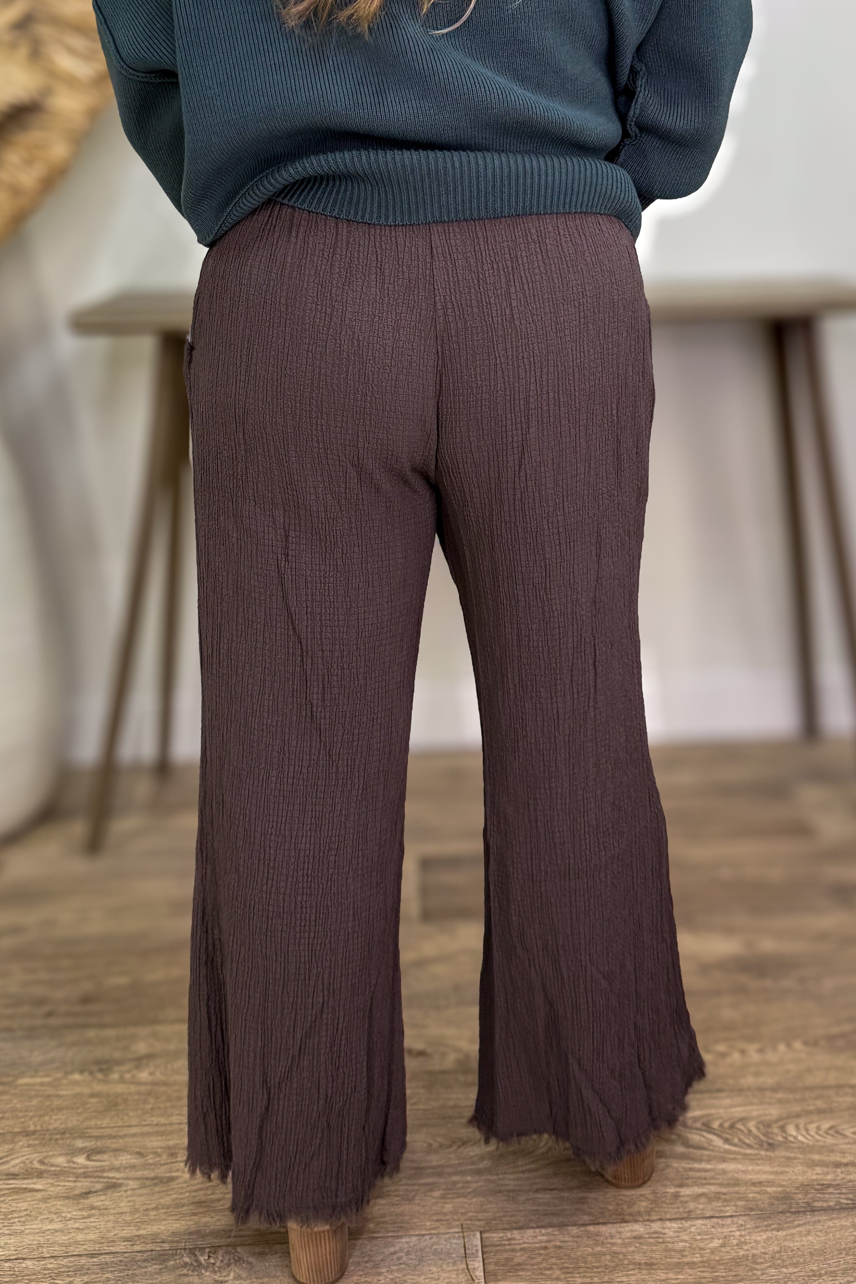 Brown Seersucker Fringe Detail Pants back