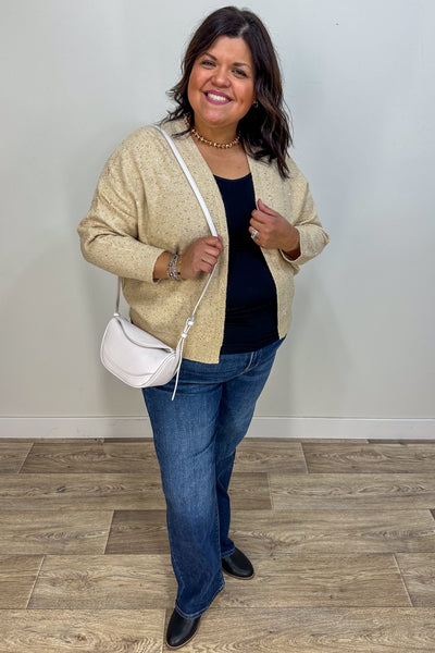 Taupe & Gold Beaded Yarn Cardigan styled