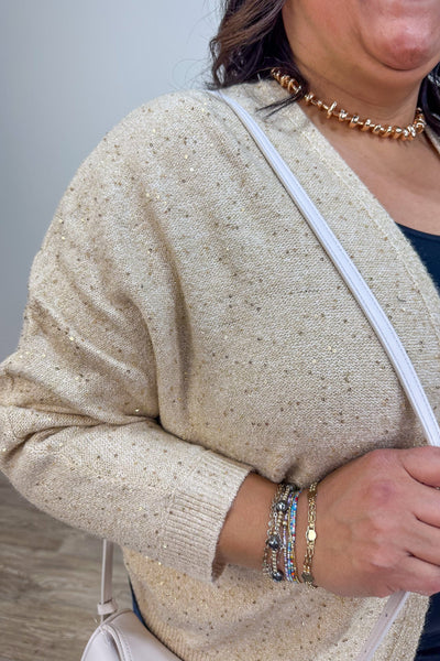 Taupe & Gold Beaded Yarn Cardigan details
