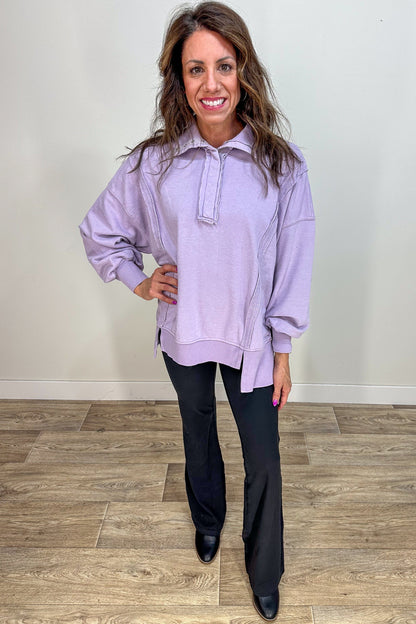 Dusty Lavender French Terry Henley Sweatshirt styled