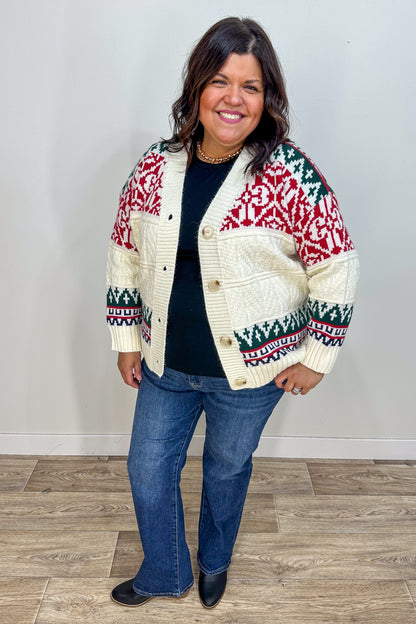 Ivory Holiday Print Cardigan styled