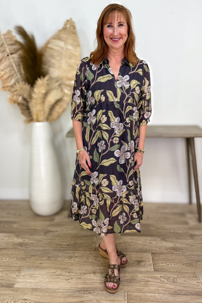 Brown Floral Collared Midi Dress styled