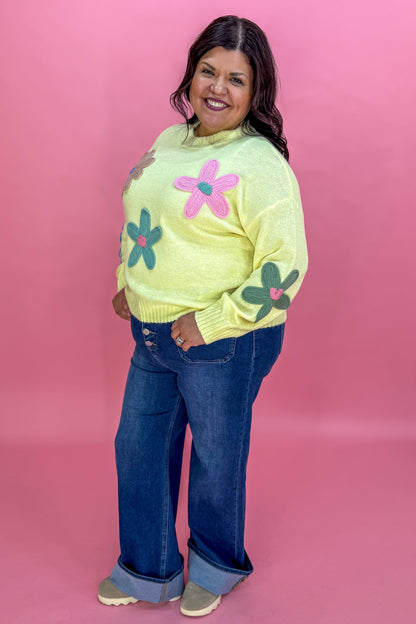 Butter Yellow Floral Crochet Detail Sweater styled