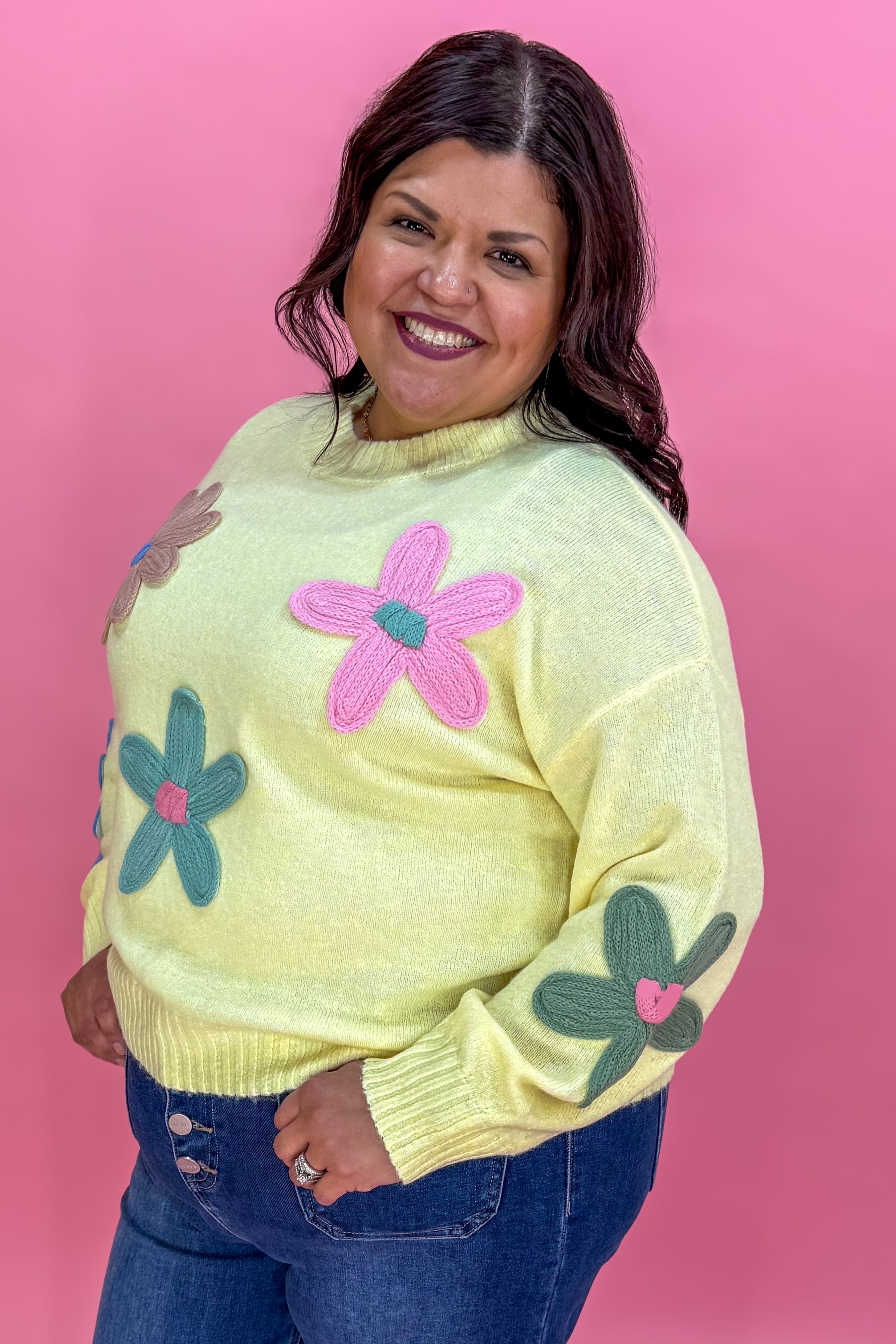 Butter Yellow Floral Crochet Detail Sweater