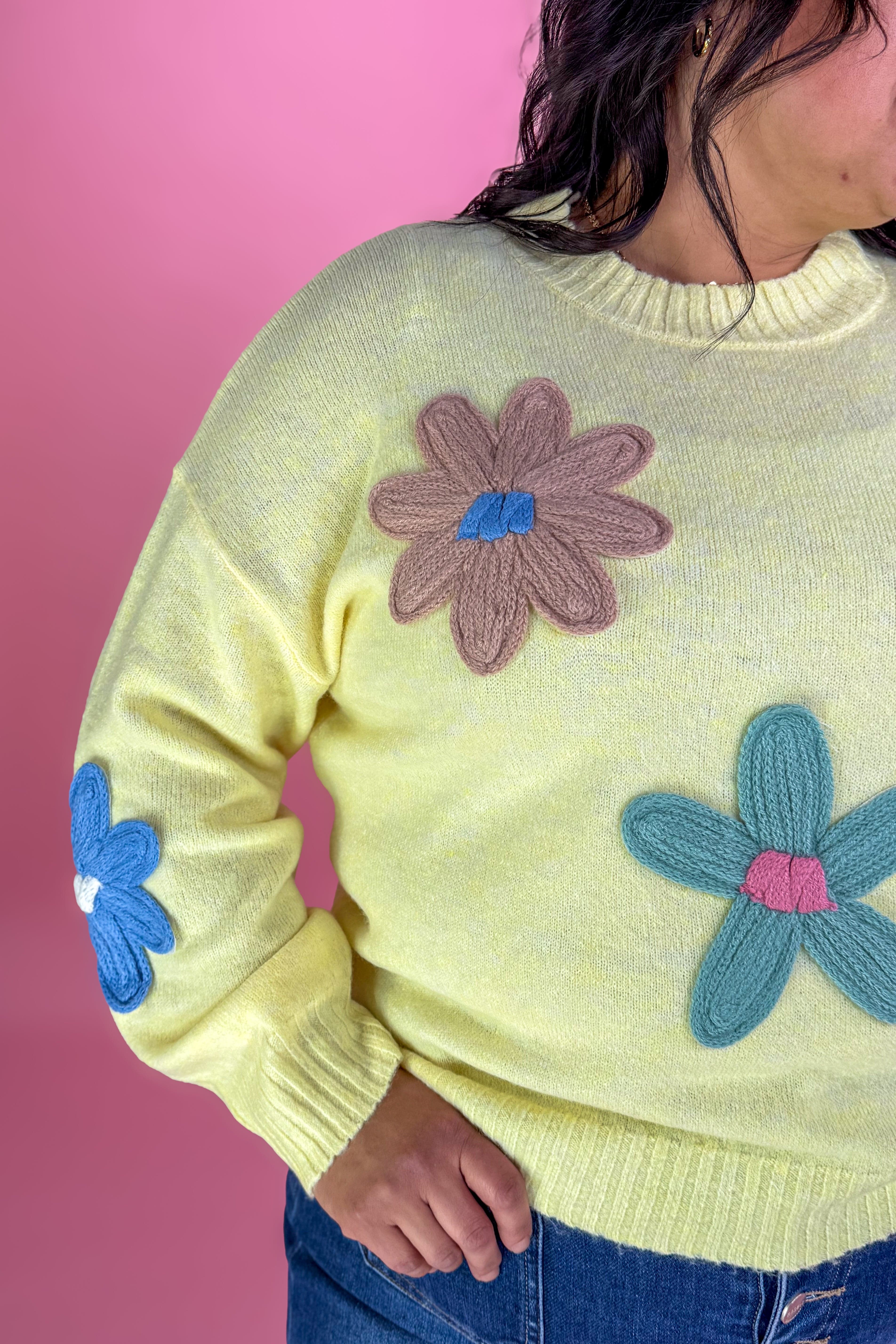 Butter Yellow Floral Crochet Detail Sweater Detailed