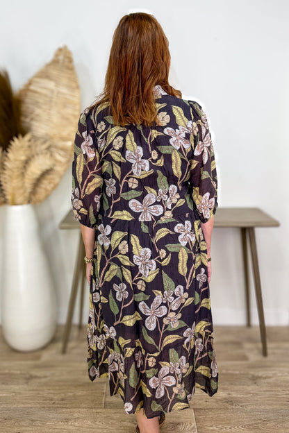 Brown Floral Collared Midi Dress back