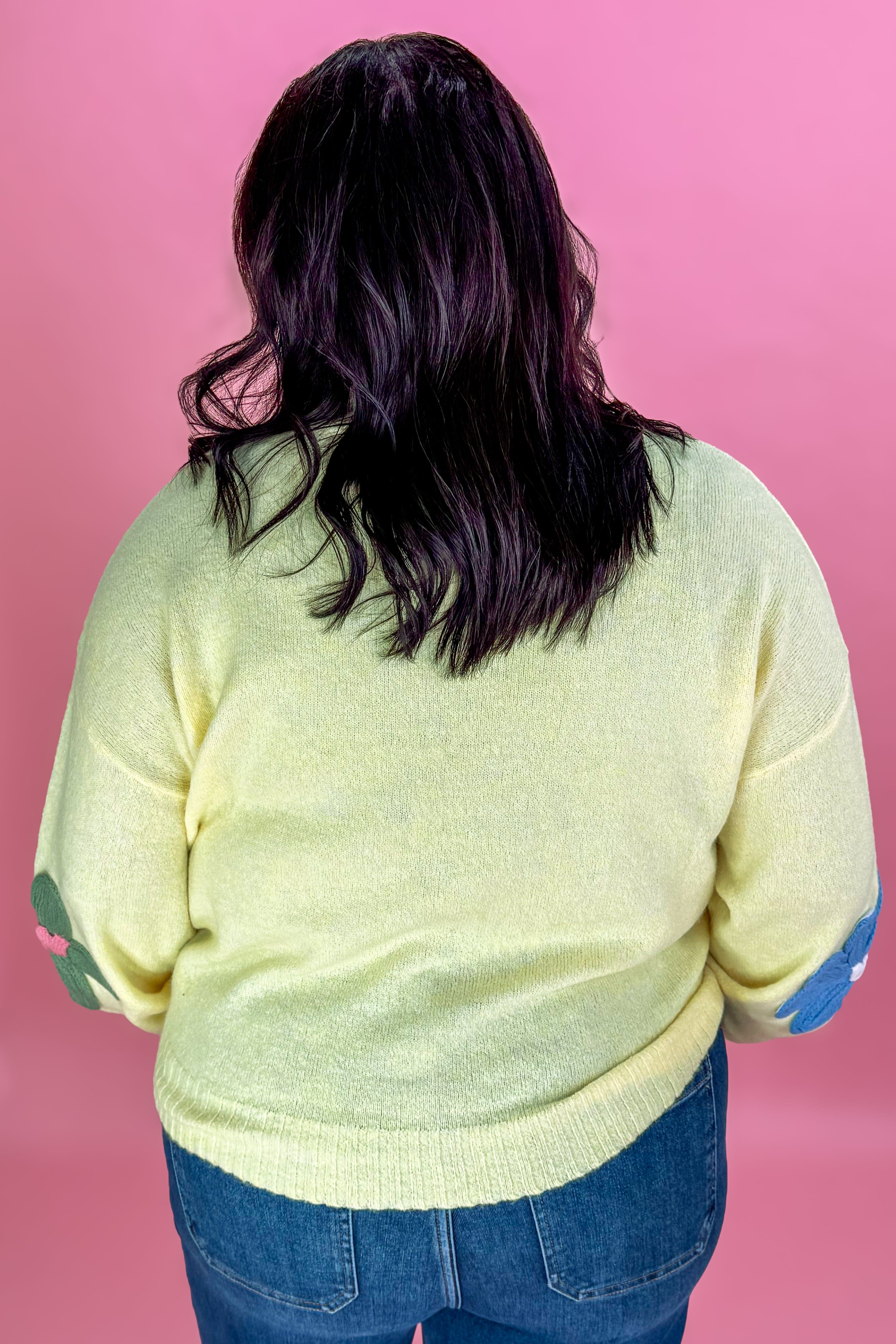 Butter Yellow Floral Crochet Detail Sweater Back