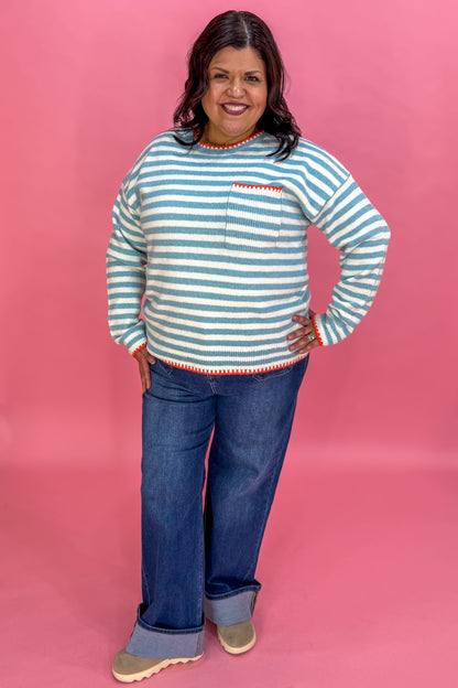 Light Blue Stripe Contrast Stitch Edge Pullover Sweater styled