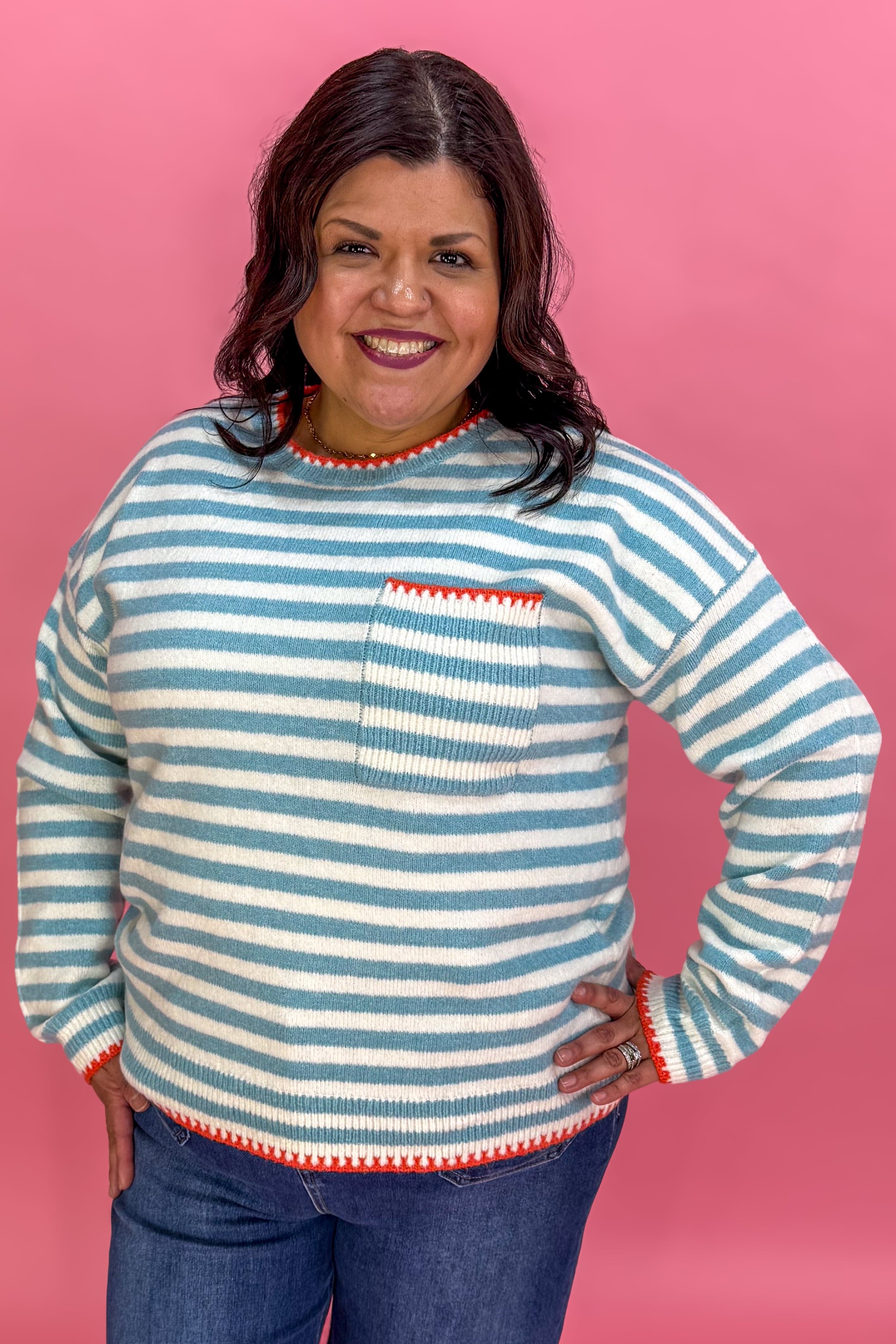 Light Blue Stripe Contrast Stitch Edge Pullover Sweater