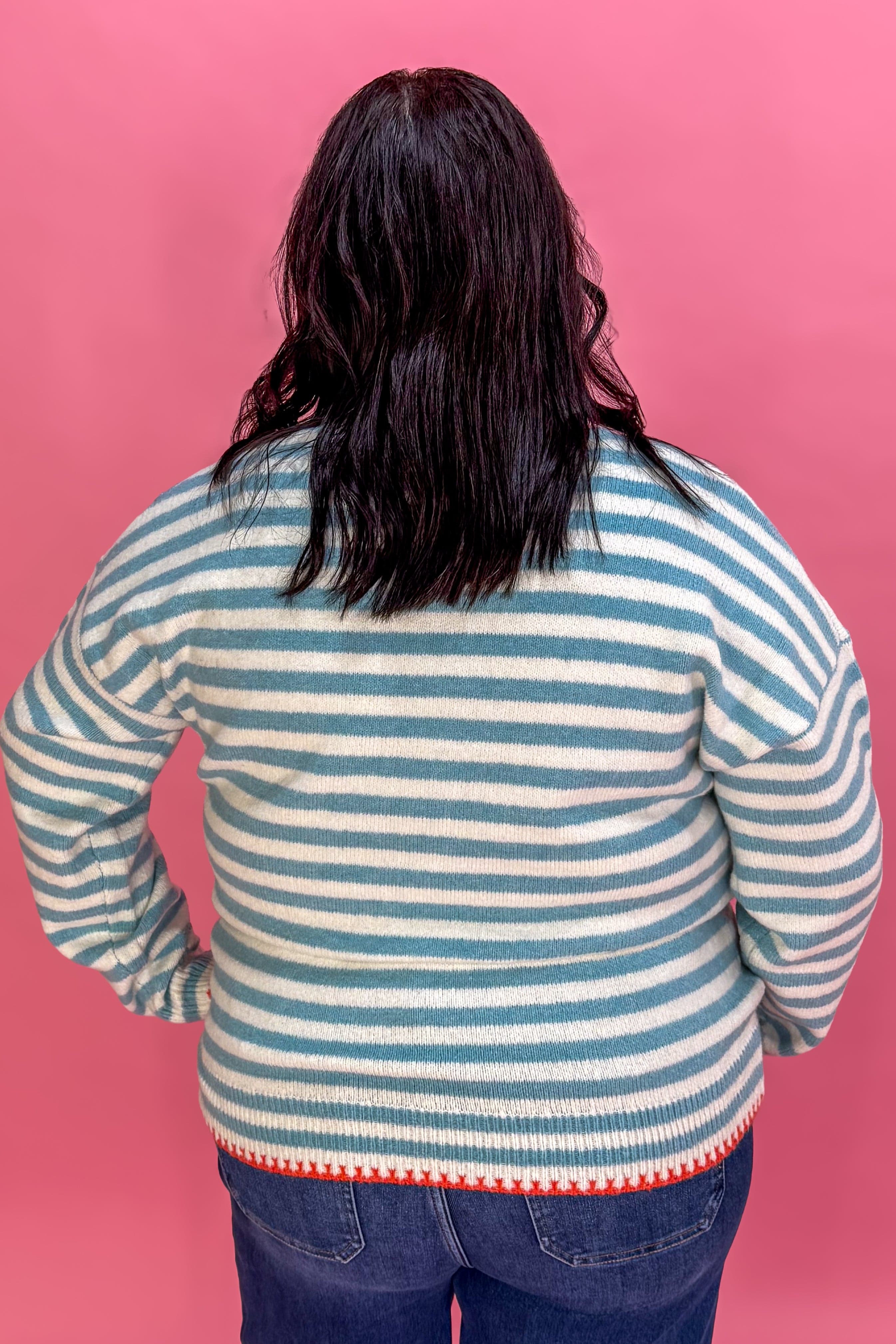 Light Blue Stripe Contrast Stitch Edge Pullover Sweater back