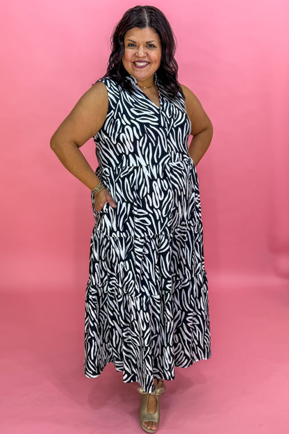 Black & White Wavy Print Sophia Tiered Maxi Dress