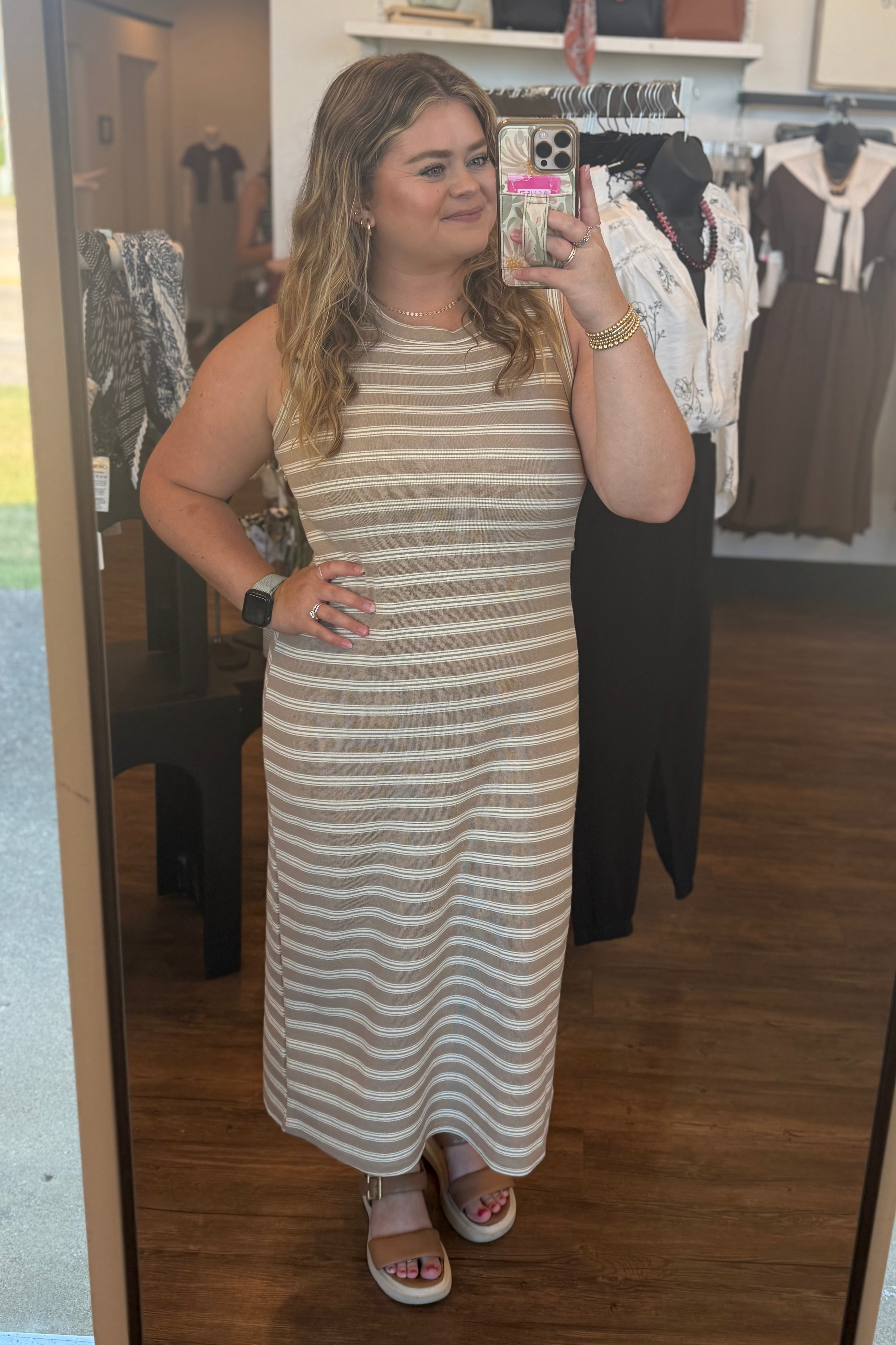 Mocha Stripe Back Button Tank Midi Dress