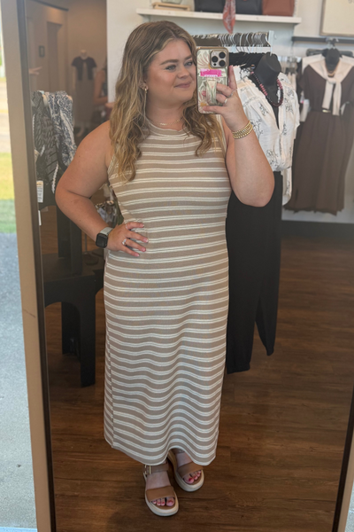Mocha Stripe Back Button Tank Midi Dress