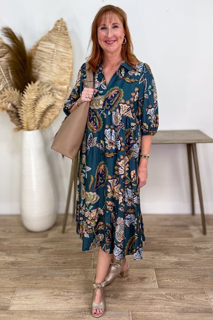 Teal Paisley Collared Maxi Dress styled