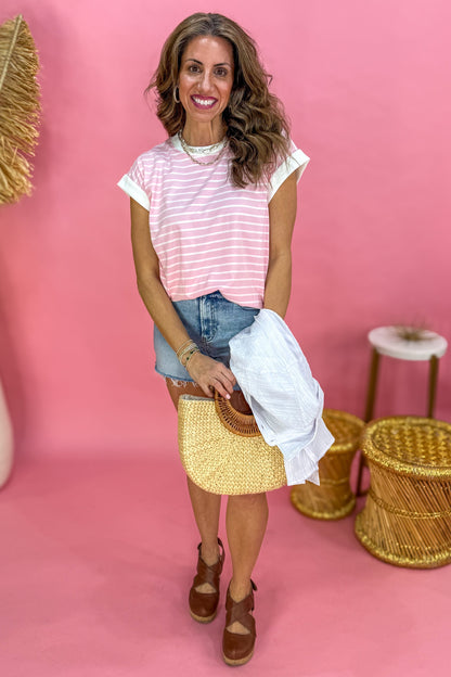 Dark Pink Stripe Cap Sleeve Tee styled