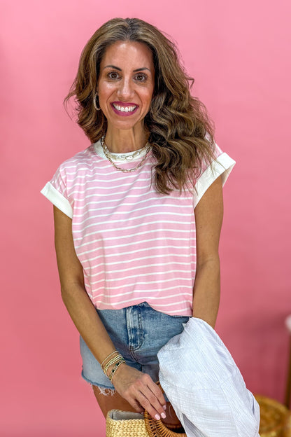 Dark Pink Stripe Cap Sleeve Tee