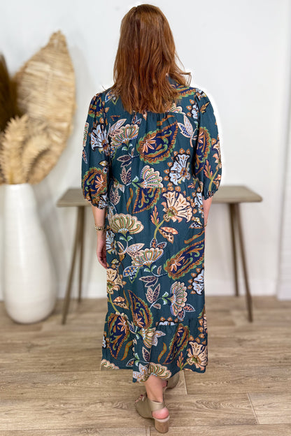 Teal Paisley Collared Maxi Dress back