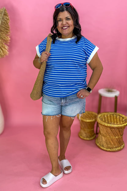 Ocean Blue Stripe Cap Sleeve Tee
