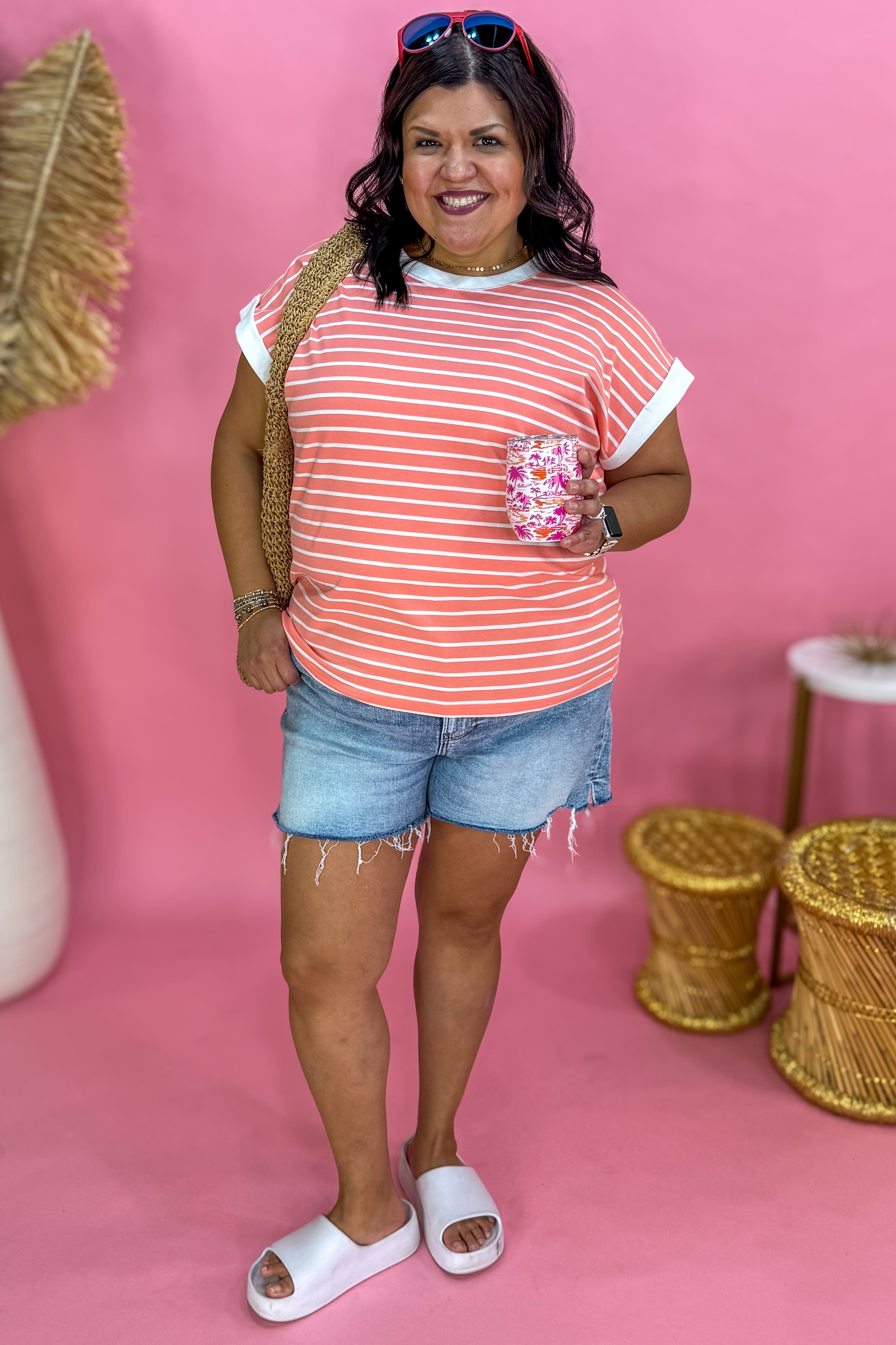 Coral Stripe Cap Sleeve Tee styled