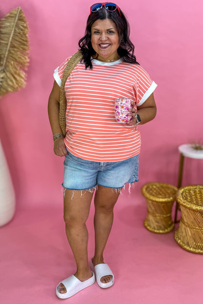 Coral Stripe Cap Sleeve Tee styled