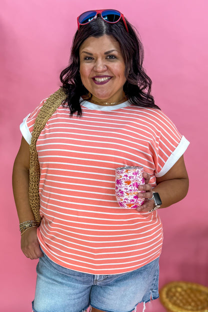Coral Stripe Cap Sleeve Tee