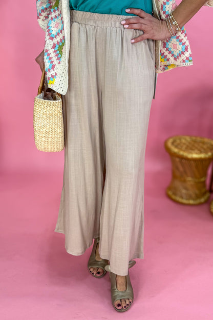 Beige Woven Elastic Band Wide Leg Pant