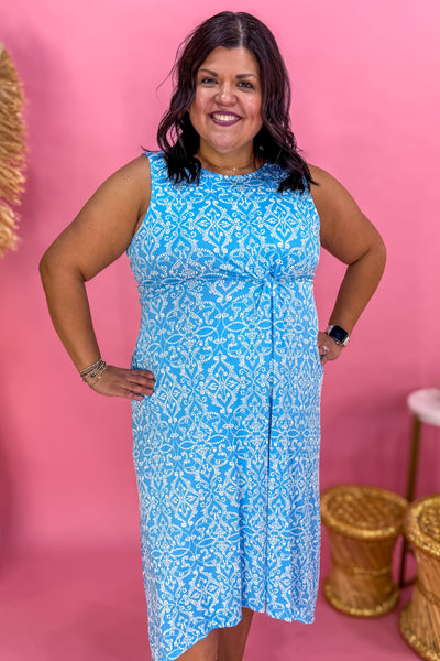 Blue Dress With White Print & Knot Detail