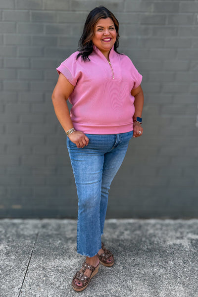 Light Rose Rib High Neck Zip Top styled