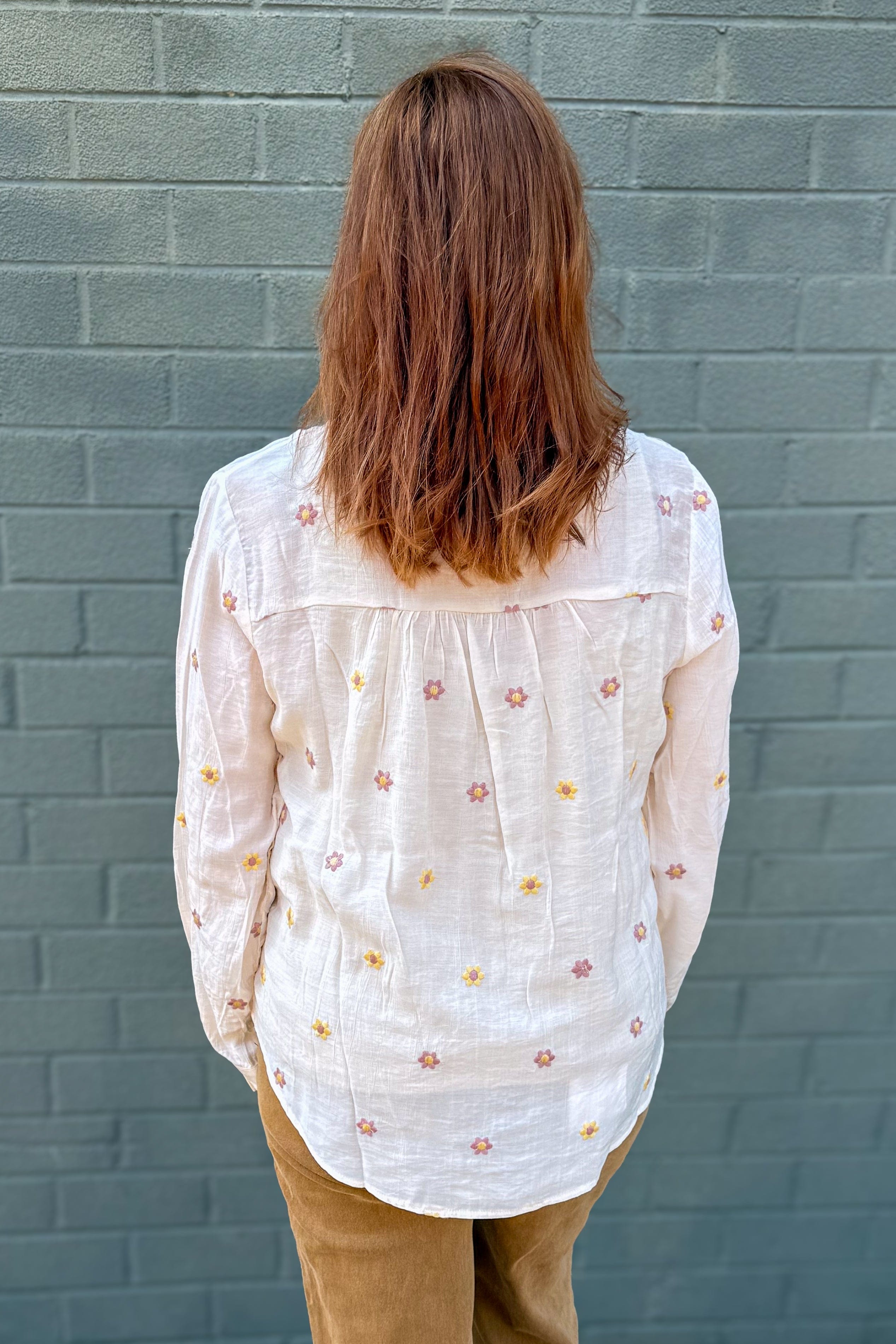 Ivory Floral Embroidered Button Shirt back
