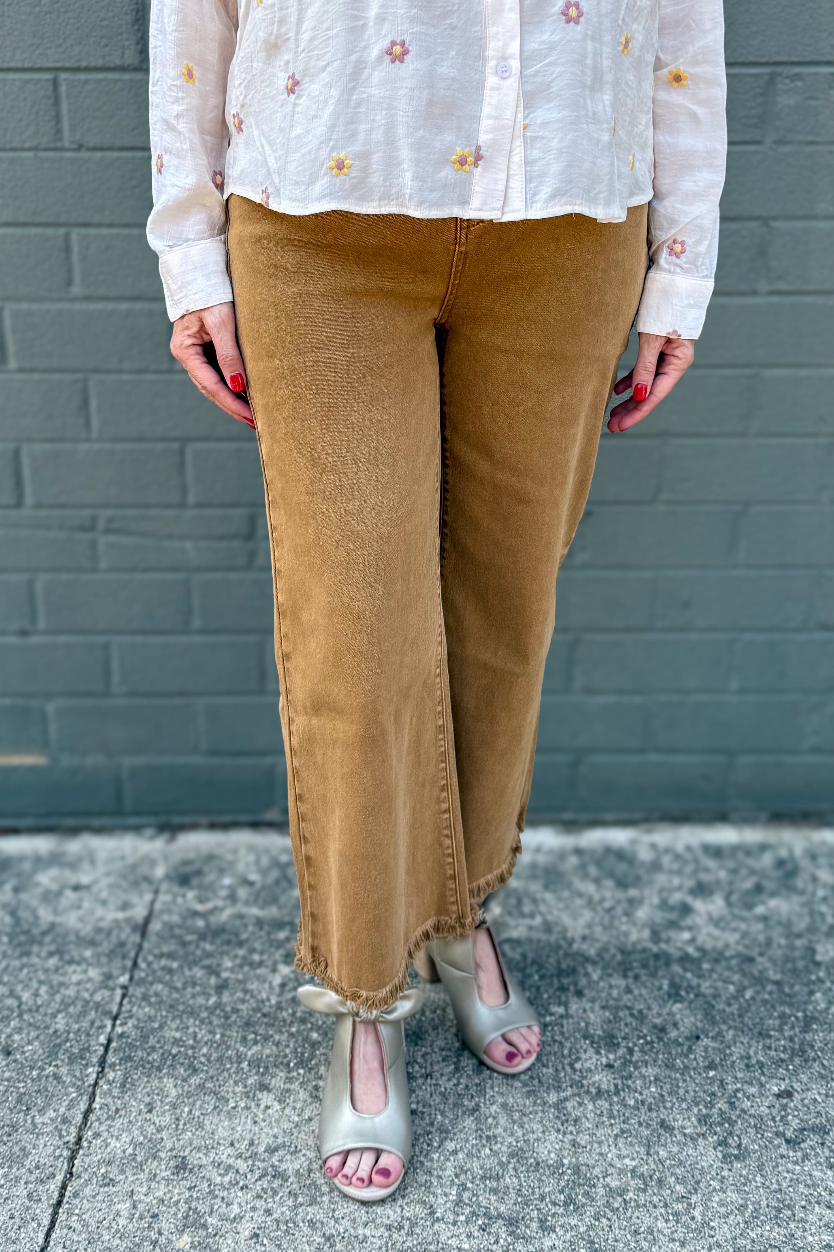 Deep Camel Frayed Hem Straight Denim