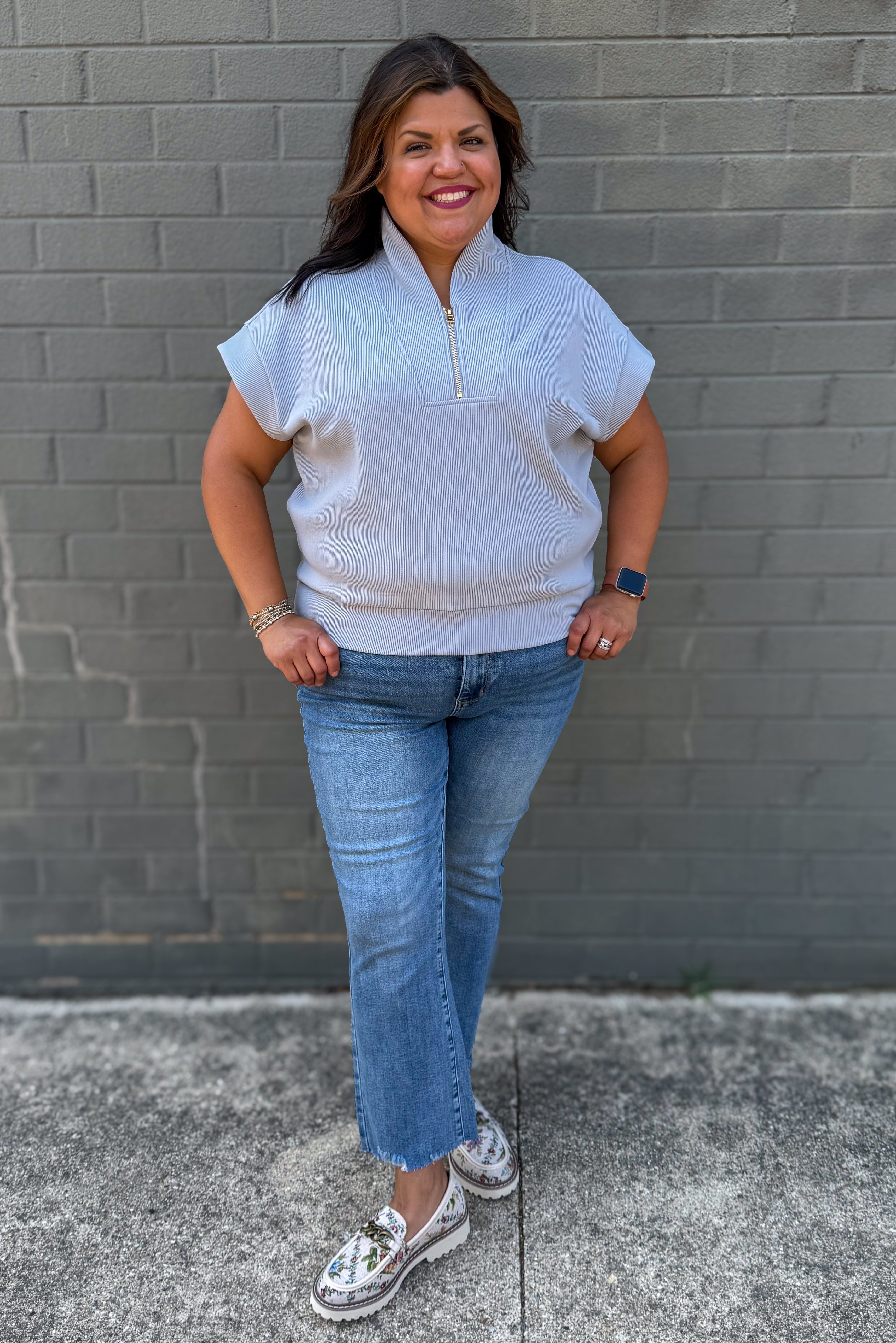 Light Grey Rib High Neck Zip Top styled