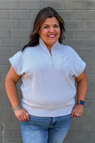 Light Grey Rib High Neck Zip Top