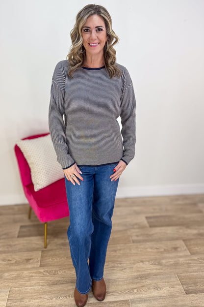 Dark Navy Waffle Stripe Sweater styled