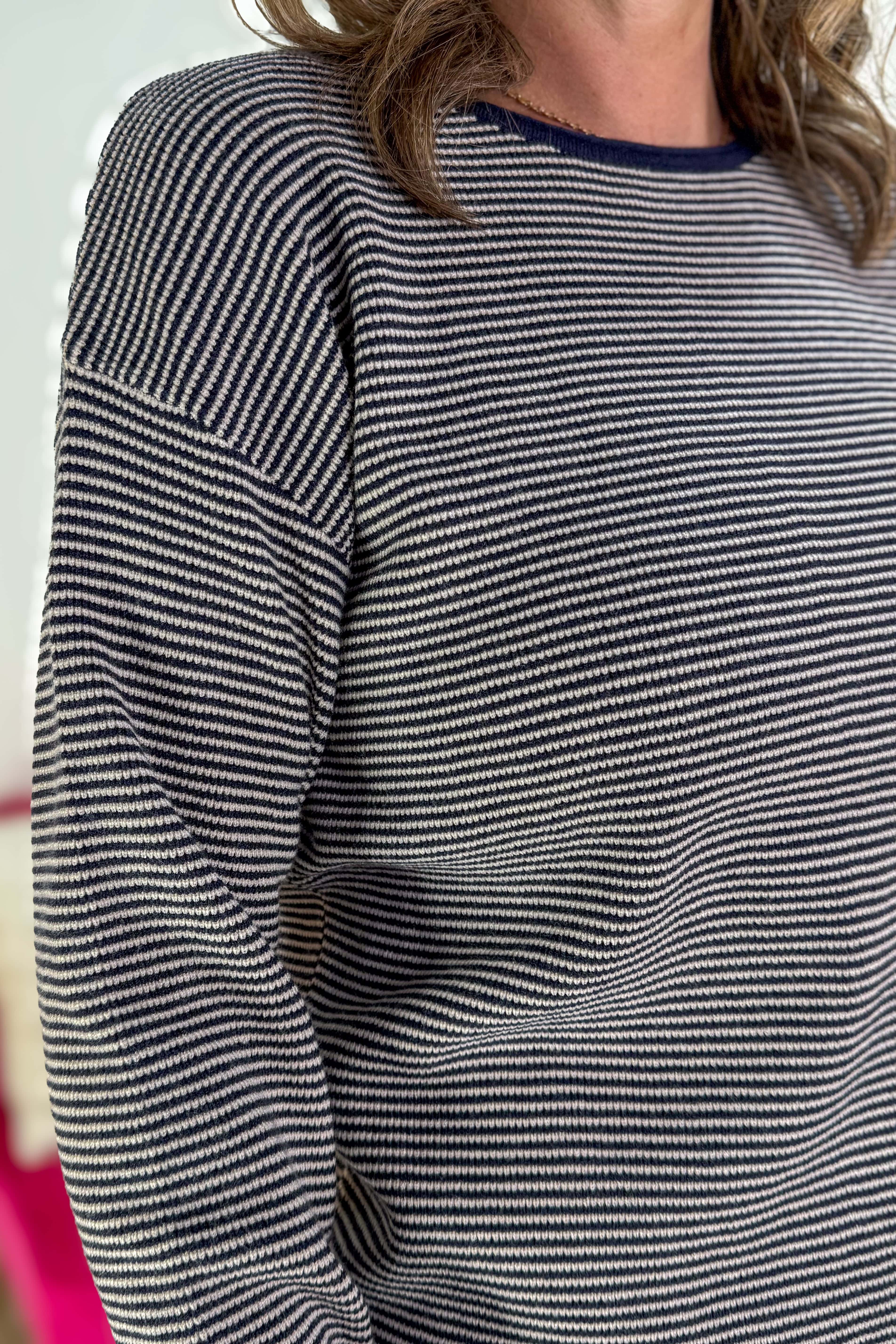 Dark Navy Waffle Stripe Sweater details