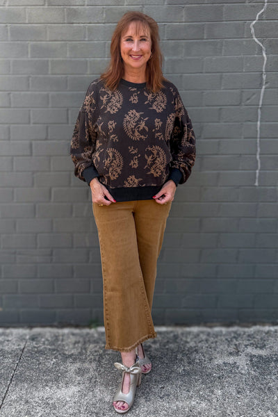Brown Paisley French Terry Top styled
