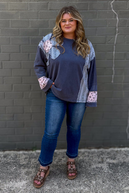 Patchwork Denim French Terry Top styled