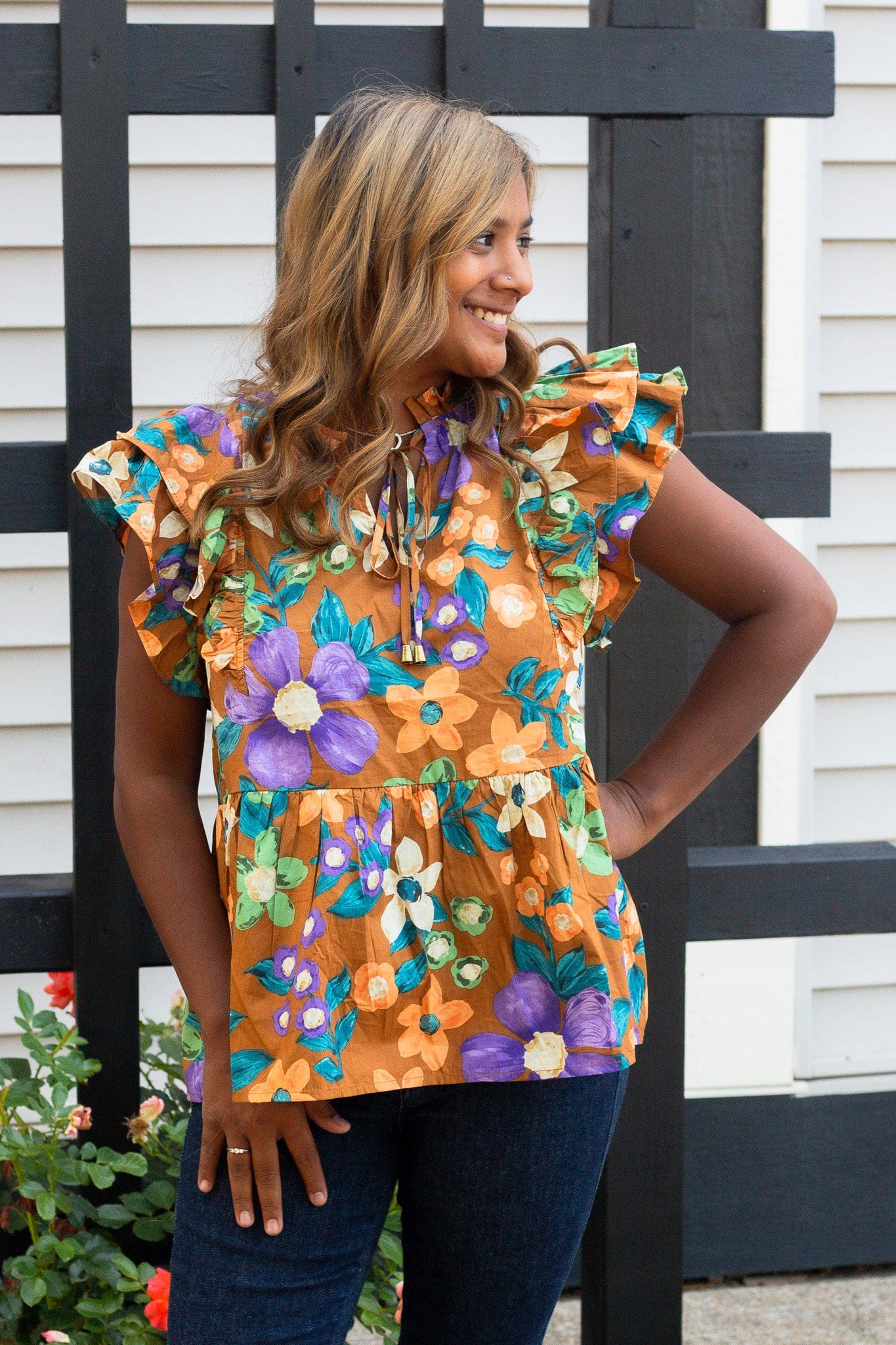 Brown Floral Capped Sleeve Blouse