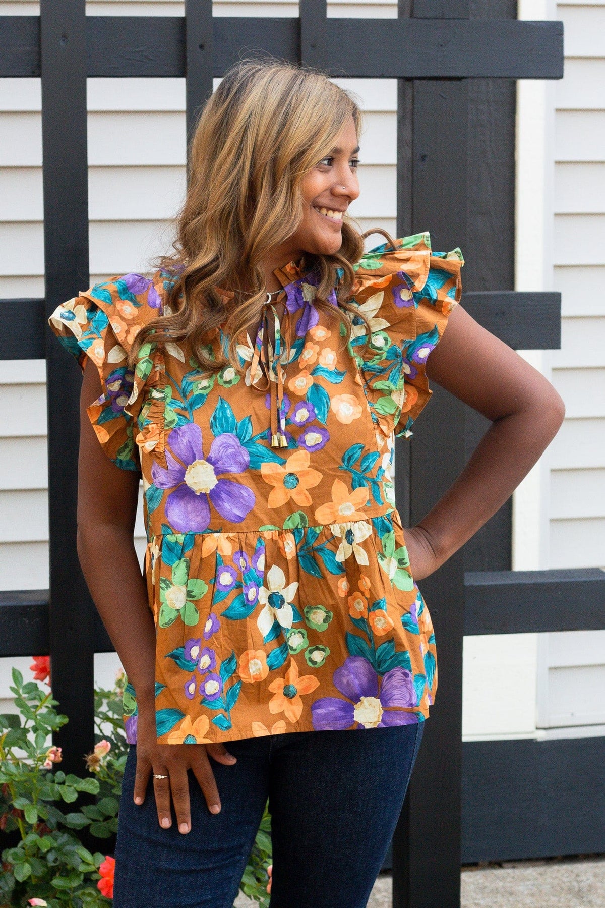 Brown Floral Capped Sleeve Blouse